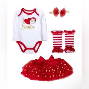NWT Baby Girl Santa Bodysuit, Tutu, Leg Warmer, Headband Set (Size: 9 Months)